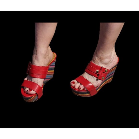Nine West Red Lara Striped Wedge Slip on Sandals Sz 7.5 Beachcore - Picture 4 of 13
